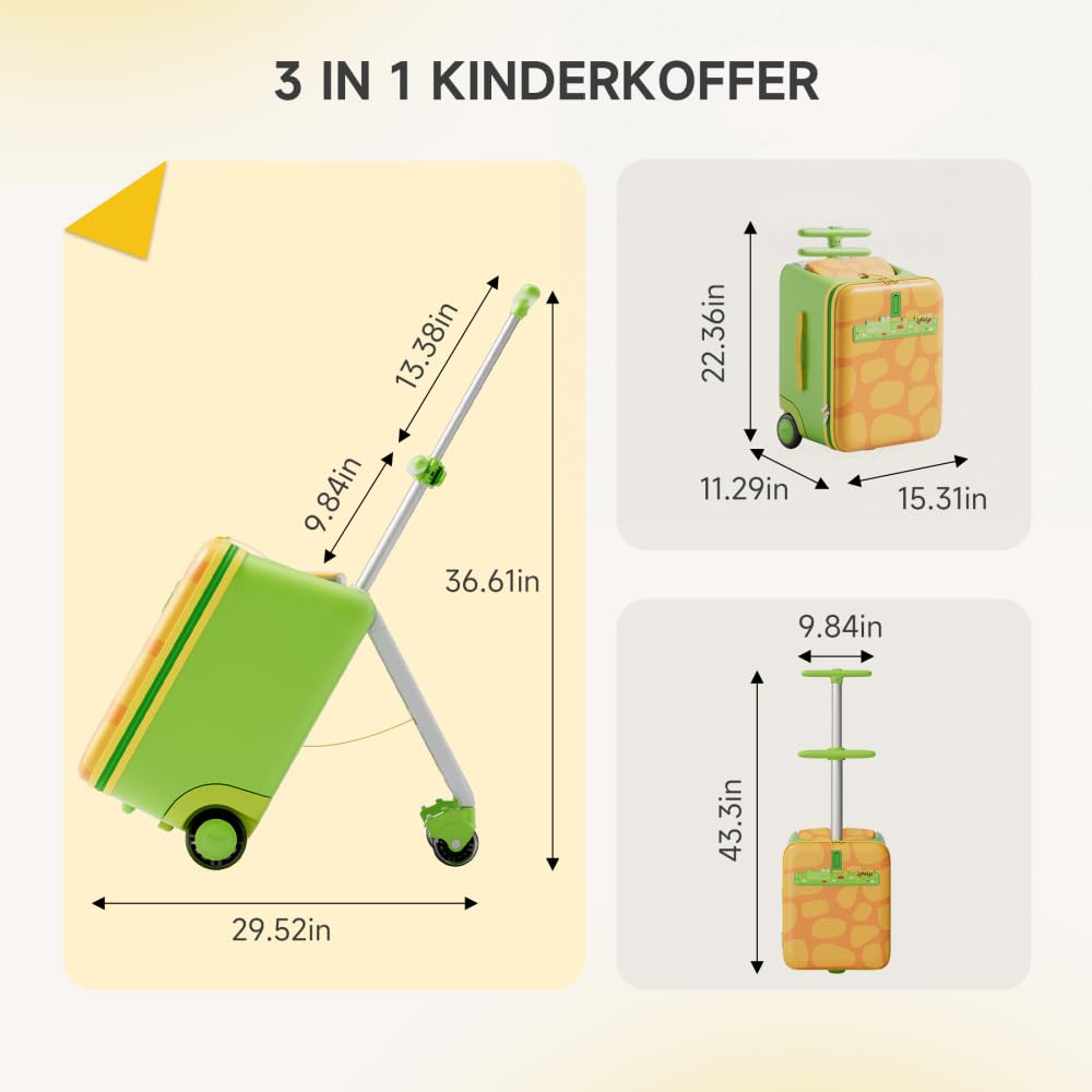 Jovikids Walizka dziecięca 3 w 1, 32 l, z kółkami, składana i zdejmowana, z drążkiem teleskopowym, wieloma przegródkami, na podróż, urlop i na co dzień, zielony, Zabytkowe