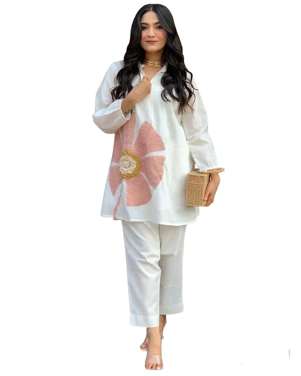 White cotton co- odr set with pink floral design (L)
