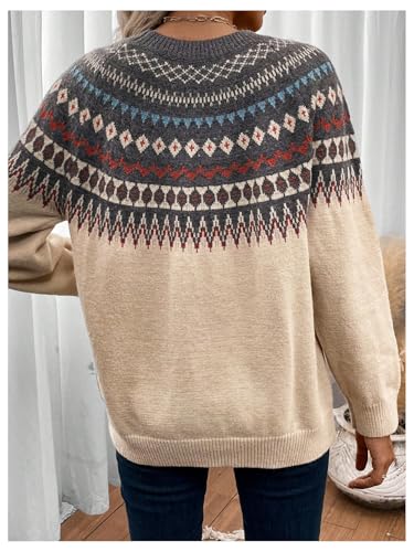 Image of BEAUDRM Women's Geometric Pattern Sweater Long Sleeve Crewneck Fair Isle Sweaters Christmas Pullovers Top Multicolor Large