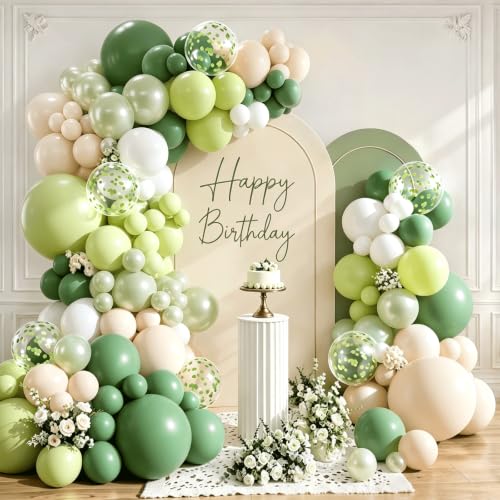 Image of Blocesa Sage Green White Balloons Arch Kit Double Stuffed, Party Decor. | Olive /Sage Green Pearl Green White Beige Confetti Balloons. for Birthday Baby Shower Bridal Shower Wedding Jungle Decor.