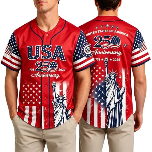 Camiseta de béisbol patriótica Estados Unidos 250 aniversario con estampado de Estatua de la Libertad, camisa con botones, polo transpirable de manga corta miniatura 5