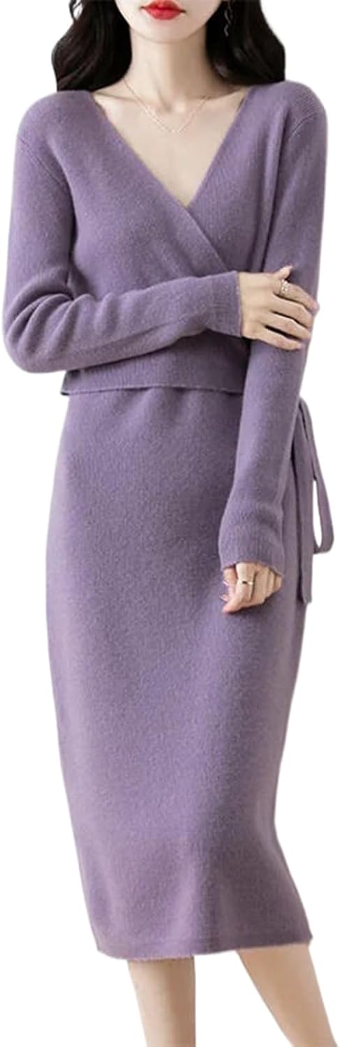 Women V-Neck Wool Dress Sweater Autumn Winter Lace-Up Long Sleeve Pullover Knit Skirt Office Lady Knitwear