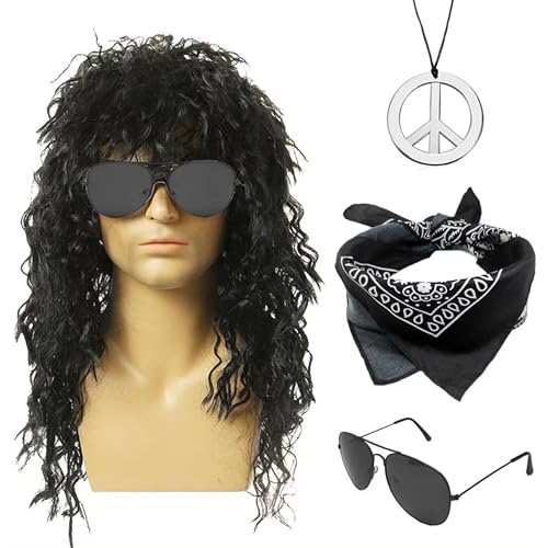 CATMEYE Set de Accesorios de Disfraz 4 Piezas, Peluca, Gafas de Sol, Collar y Diadema, para Disco años 70/80, Hippie, Carnaval, Halloween y Fiesta temática (Negro)