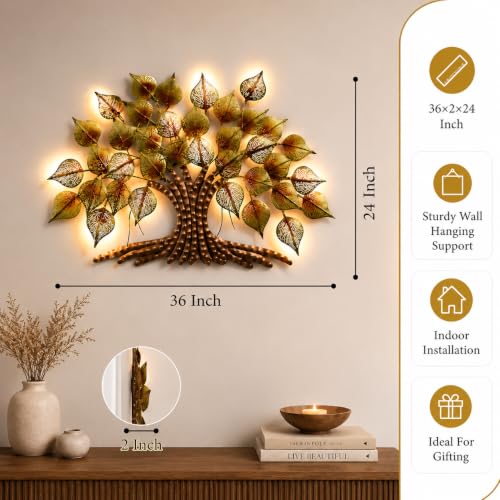 Image of Bharat Art Big Tree Metal Wall Art with LED Light | Handcrafted Iron Tree Wall Hanging for Living Room, Bedroom, Hall, Office | Pan Tree WD049 | Size: 36x2x24 Inch - WD049