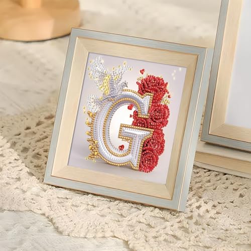 Image of AiYuanzsh 5D Diamond Art Kits for Adults Letter G, Golden Alphabet Rose & Dove Special Shape Diamond Painting, Floral Diamond Art for DIY Crystal Rhinestones Home Wall Decoration 17x17cm