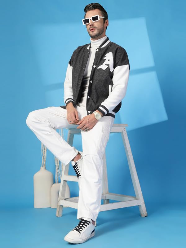 Image of CHKOKKO Men's Oversized Varsity Jacket with Snap Button Closure and Patch Design Trendy Comfortable Outerwear for College Travel and Casual Wear