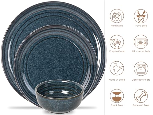 Image of Bodhi House Handcrafted Chip Resistance Porcelain Dinner Set, 18 Pieces Dish Set Serving for 6, Microwave and Dishwasher Safe, Bone-ash Free, Crockery Set for Dining and Gifting, Sapphire Blue