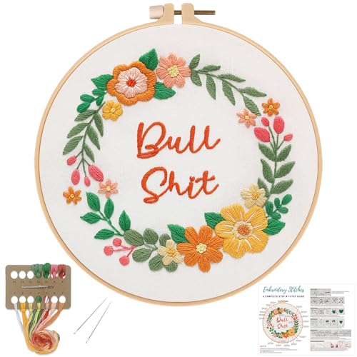 Image of Louise Maelys Funny Flower Wreath Embroidery Kit for Beginners, DIY Craft | Floral Needlepoint Kit with Pre-Printed Fabric, Hoop, Threads, Needles and Guide. Cross Stitch Starter Kit for Adults