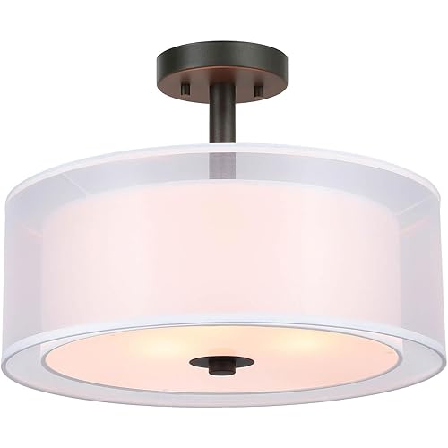 XiNBEi Lighting Semi Flush Mount Ceiling Light, 3 Light Drum Semi Flush Light, 16" Close to Ceiling Light with Fabric Shade in Dark Bronze for Living Room & Bedroom XB-SF1194-DB