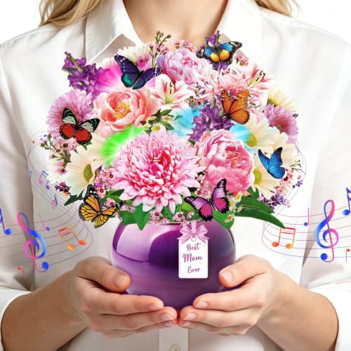 Rayilyn Musical Greeting Cards for Mom, 3D Pop-Up Peony Flower Bouquet, 10-Inch Light-Up Birthday Cards, Ideal for Mothers Day, Thank You, Birthday, Anniversary, Gift for Women, Wife, Grandma, Her