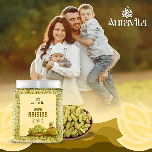 Image of Auravita Healthy Green Raisins 1kg | 100% Natural Dried Grapes (Kishmish) | Nutritious, Delicious & Healthy Snack | Source of Fibre in Nuts | No Preservatives in Dry Fruit