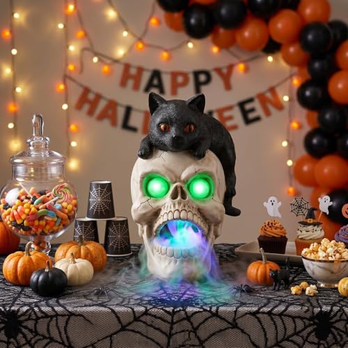 Estatua de Calavera de Halloween con Gato Negro, Máquina de Humo con Ojos LED que Brillan, Centro de Mesa Gótico de Resina de Mármol Artificial Pintada a Mano para Repisa miniatura 6