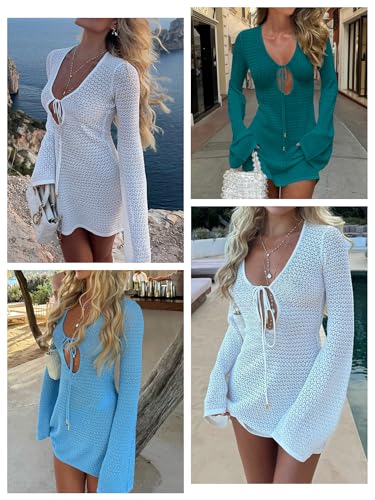 Image of ANRABESS Women's Crochet Swimsuit Cover Up, V Neck Mesh Knit Beach Dress, Long Sleeve Summer Vacation Beachwear