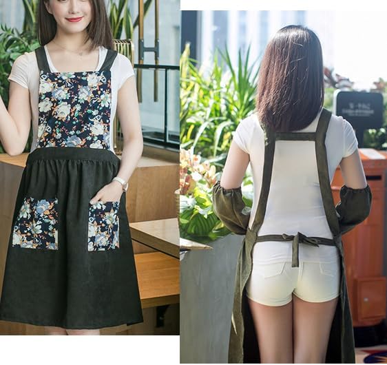 Miniatura 4 de Delantales de algodón para mujer con bolsillos, delantal vintage, delantal floral, regalo para mujer (verde oliva)