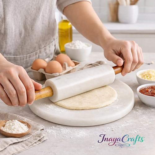 Image of Marble Chakla Belan Set, Non Stick Roti Maker Board with Rolling Pin with Wooden Handle, Durable Kitchen Tool, White, 10 Inch Board and 14 Inch Rolling Pin