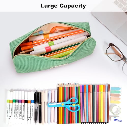 Image of FINPAC Pencil Case, Corduroy Aesthetic Makeup Bag, Cute Kawaii Pen Bag Pouch Holder Box Organize for Study, Office, or Travel (Grass Green)