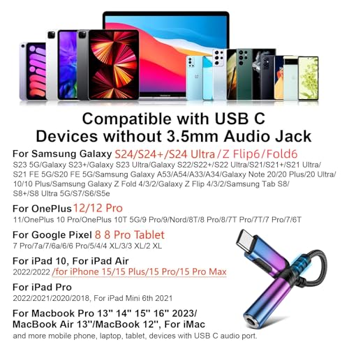Image of Audio Adapter for Samsung Galaxy S25 S25+ S25 Ultra,USB C to 3.5 mm Headphone Adapter for iPad 10, 12CM 3.5 Audio Jack Braided Type C Dongle DAC Adapter for iPhone 16E 16 Samsung A53 A54 A35
