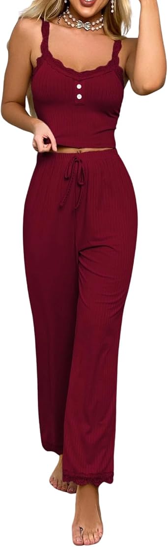 Women 2-Piece Solid Pajama Set Lace Trim Nightwear Short PJ Set V Neck Cami Top Stretch Pants Sleeveless Sleepwear