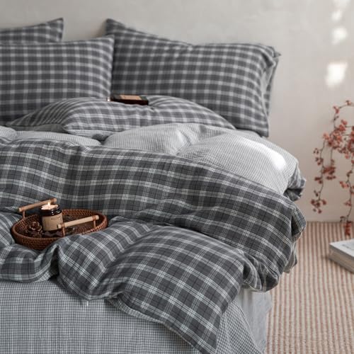 Image of EAVD Vintage Grey Buffalo Plaid Duvet Cover Twin Soft 100% Cotton Muslin Retro Black White Grid Checkered Bedding Set with 2 Pillowcases Reversible Gingham Duvet Cover with Zipper