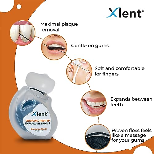 Image of Xlent Expandable Floss Treated Activated Charcoal, Xylitol Natural Plant Based Wax in Cinnamonflavor, Pack of 2 (Blister Card)