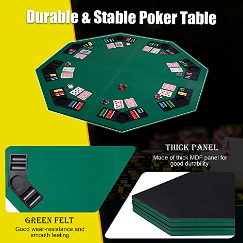 Officejoy 48” Foldable Texas Poker Card Table, 8-Player Tabletop Poker Topper Mat W/Cup Holders & Carrying Bag, Octagon Portable Anti-Slip Rubber Board Game Mat For Card, Chess, Dice Game (Green) #TOP4
