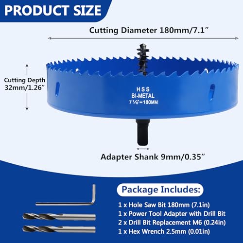 Image of 7.1 Inches /180mm Bi-Metal Hole Saw w /Arbor & Pilot Bit
