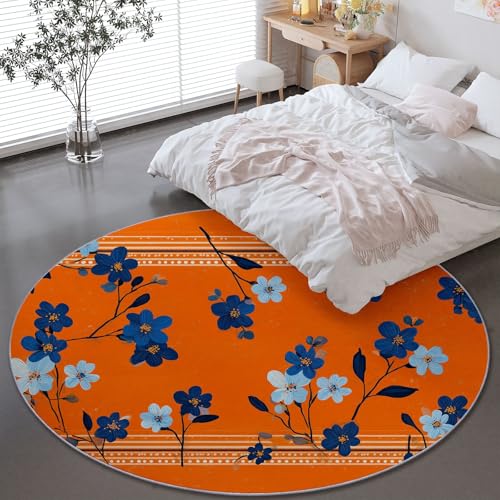 Genérico Alfombra Redonda para Sala de Estar - Retro Francés Estampado Floral Lavable a Máquina Antideslizante Alfombra Redonda 90 cm, Naranja Alfombras para Dormitorio Pasillo de Entrada