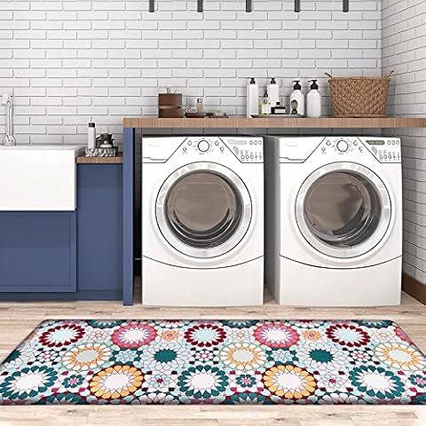 Runner Rug,17" x59" Memory Foam Laundry Room Rug for Floor Bohe Extra Thick Kitchen Mat,PVC Water Proof/No Slip/Anti Fatigue Throw Carpet for Kitchen Laundry Sink (Red) Cover