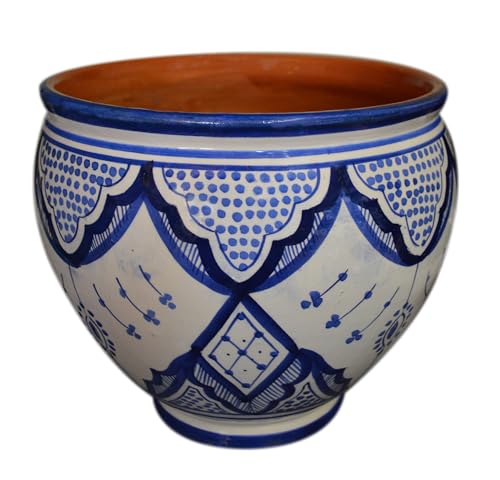 Treasures Of Morocco Handmade Ceramic Flower Pot Moroccan Indoor Outdoor Mediterranean Spanish Style Garden Drain Hole Planter White Blue