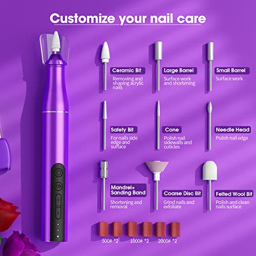 Rose Lake Cordless Electric Nail Drill, Portable Rechargeable Efile Nail File Machine With 9Pcs Nail Drill Bits For Acrylic Gel Nails With Sanding Bands Manicure Pedicure Tools For Home Use (Purple) #TOP2