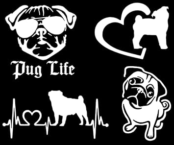 Pug Decal Pack Pug Life, Heart Silhouette, Detailed Decals Small 3.5", White