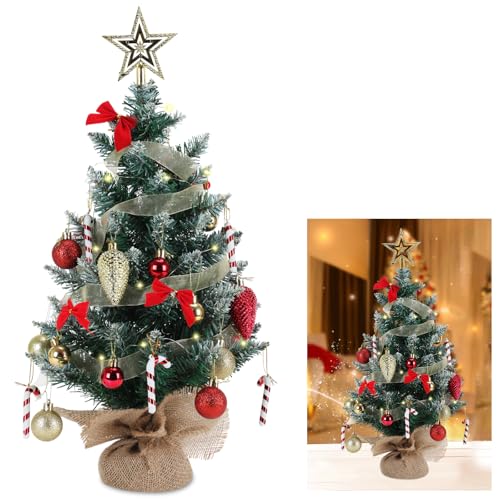 LYtech 60cm Árbol de Navidad de Mesa Mini Árbol de Navidad Artificial Pequeño Árboles de Navideña con luz LED arbol Navideña con Copa de arbol Estrella Adornos Colgantes Decoración Navideña Regalo