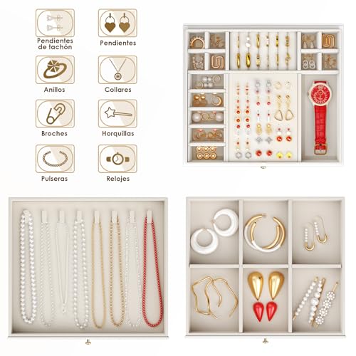 Miniatura 3 de Orderlygo Caja Grande Para Joyas 3 Niveles Organizador Elegante Para Anillos, Collares Y Pendientes 24 Compartimentos, Tapa Transparente Para Mujer Blanco Mate