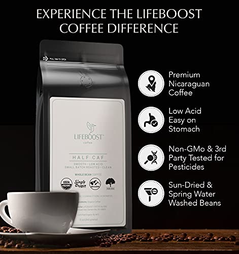 Image of Lifeboost Half Caff Medium Roast Whole Bean Coffee - Low Acid Organic Coffee, Non-GMO, USDA Organic, Single Origin, Third-Party Tested for Mycotoxins & Pesticides - 12 oz Bag