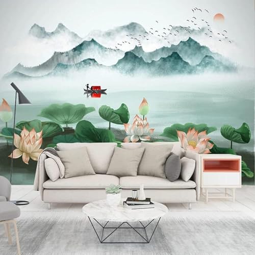 Tzxztt Pink Lotus Lotus Leaf Mountain Bird Moderno Papel Pintado 3D Seda Texturizada Primera Calidad Neutros Material Ideal Para SalóN Dormitorio-300cm×210cm