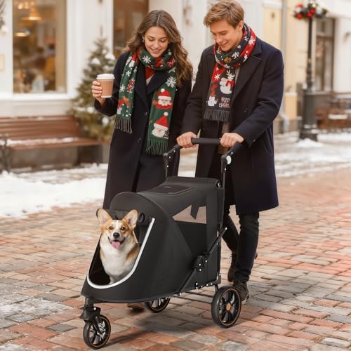 Image of Magshion Pet Stroller for Medium Large Dog, 3-Wheel Foldable Jogger, Black | All-Terrain with Adjustable Handle, Dual Entry, Rear Storage, Breathable Mesh, One-Foot Brake, Up to 55 lbs