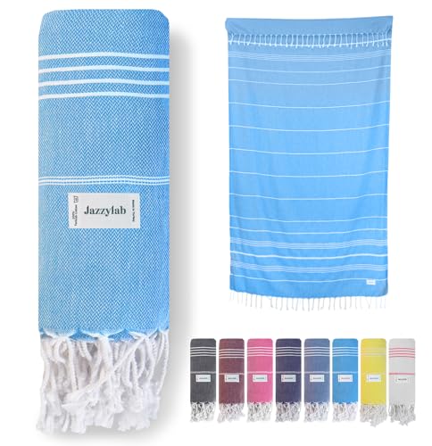 jazzylab SULTAN Peshtemal Hammam Towel | 100% Cotton with Striped Design | Lightweight, Quick-Drying & Absorbent | Turkish Beach, Spa & Sauna Towel | Hand-Knotted Fringes | Turquoise, 90x180 cm