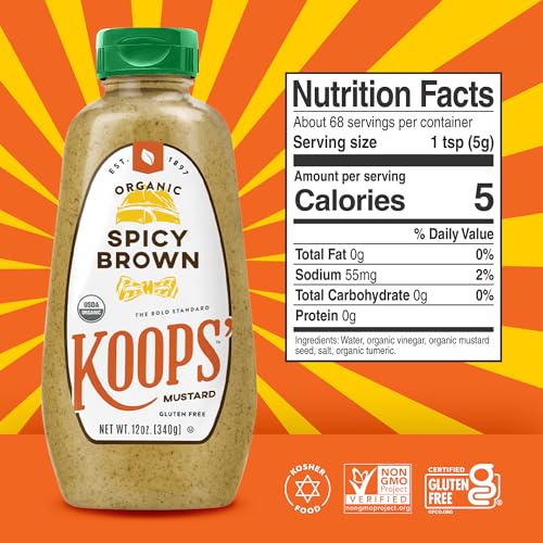 Image of Koops' Organic Spicy Brown Mustard - Bold and Brown Mustard Sauce, Gluten-Free, Kosher, USDA Certified Organic, Made in USA, From Quality Mustard Seeds - 12 Oz, Pack of 2