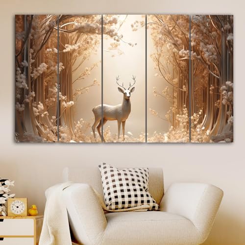 Image of Maxstone Forest with Deer Wall Painting Vastu Painting Living Room,bedroom,Office Multiple 5 Panals,Big Size Wall Decor Painting (30x60 Inch) M1389