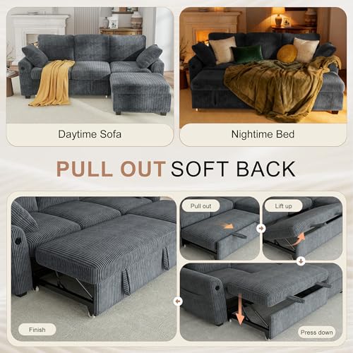 Image of Hanherry 81 inch Sectional Couch with Pull Out Sofa Bed,Corduroy Sleeper Sofa with Storage Ottoman & USB Charging,Comfy L Shaped Modular Couches for Living Room,Apartment
