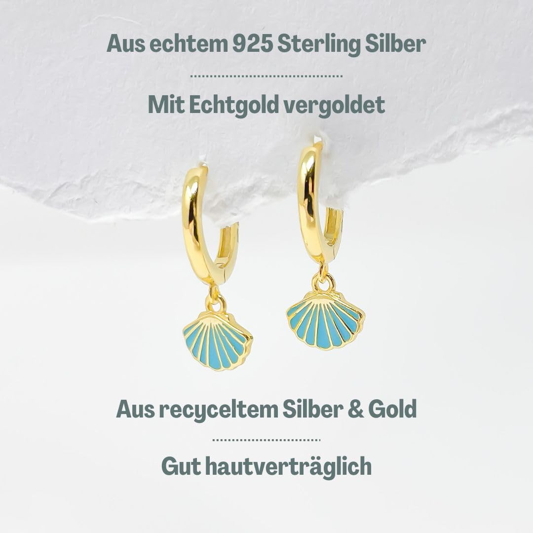 Mary & Jules Muschel Ohrringe hängend aus Sterling Silber 925, aus reyceltem Silber, Creolen Damen mit hübschem, türkisem Muschel Anhänger, für Frauen & Mädchen