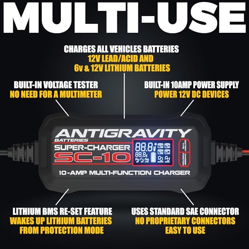 Image of Antigravity SC-10 Super-Charger 10A Smart Battery Charger & Maintainer for 6V /12V Lithium (LiFePO4) & 12V Lead-Acid Batteries - Wall-Powered, LCD Display, Power Supply Mode, BMS Reset