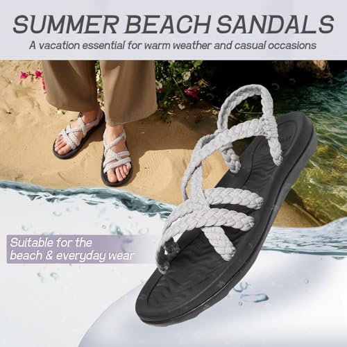 MEGNYA Comfortable Classic Women's Walking Shoes, Soft Hand-Woven Strap Sandals for Shock Absorber, Wadable Slide Sandals for Summer Beach Boating Urban Grey Size 7