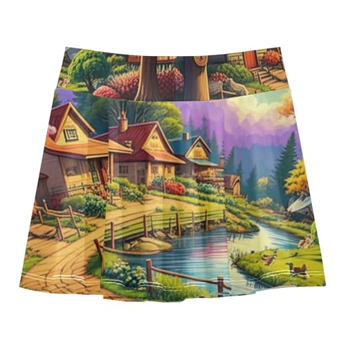 Joisal Skirts with Shorts Colorful Countryside Village Scene Girls' Shorts Athletic Skorts Neon Little Girl 4t2