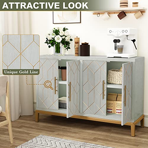 Hlr 48" Accent Cabinet With 4 Doors And Shelves, Modern Storage Cabinet With Gold Trim, Buffet Cabinet For Living Room, Kitchen, Dining Room, Hallway, Green And Gold #TOP3