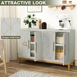 HLR 48" Accent Cabinet with 4 Doors and Shelves, Modern Credenza Storage Cabinet with Gold Trim, Green Buffet Cabinet for Living Room, Kitchen, Dining Room, Hallway HLR 48 Accent Cabinet with 4 Doors and Shelves Modern Credenza Storage Cabinet with Gold Trim Green Buffet Cabinet for Living Room Kitchen Dining Room Hallway