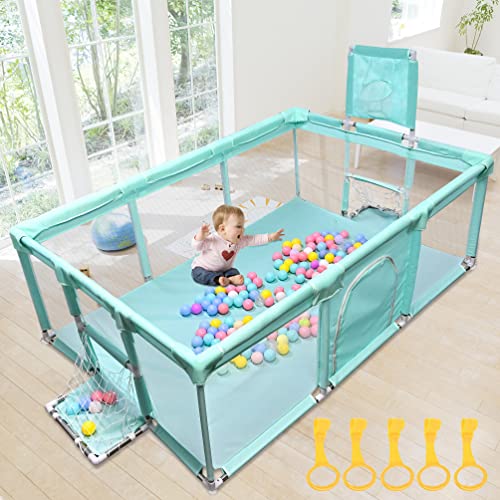 Image of GOLDGE Extra Large Playpen 63x47x26 inch, Playpen for Babies and Toddlers, with 50pcs Balls and 5 pcs Pull Up Rings, Baby Play Pen, Infant Play Yard, Playard, Kids Play Area