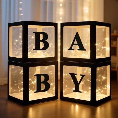 Image of Ledido Baby Boxes with Letters for Baby Shower Decorations, 4 pcs Clear Baby Balloon Boxes Blocks Decor with LED Fairy String Lights for Boy Girl Gender Reveal Decorations Backdrop Party (Black)