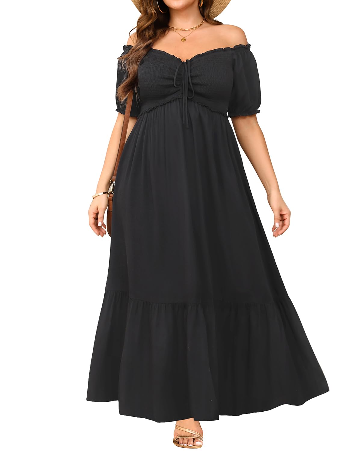 Photo 1 of Black Dress Plus Size Summer Off Shoulder Puff Sleeve Smocked A Line Boho Maxi Flow Long Sundresses Women Wedding Guest (blue dress)