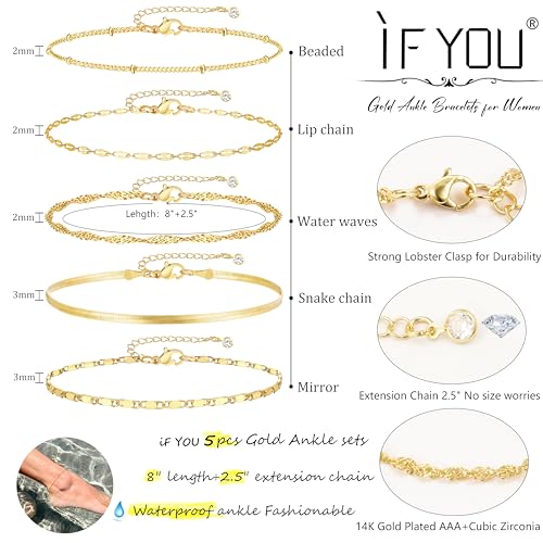 Image of iF YOU Gold Ankle Bracelets for Women, 14k Gold Plated Waterproof Cuban Link Chain Anklets Set, Layered Anklet Bracelets for Women Beach Gift Adjustable Size 5pcs